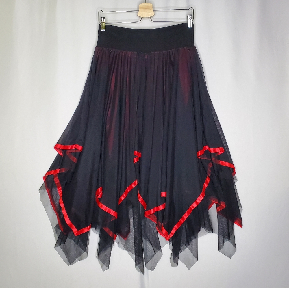 Sensi Asymmetric Midi Skirt Medium Mesh Satin Trim Whimsigoth Witchy Cosplay
